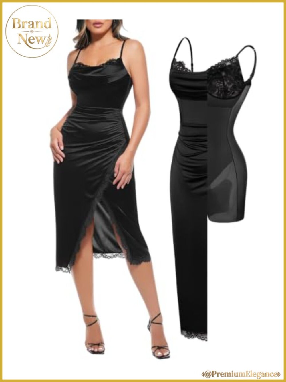 Satin Corset Dress Cocktail Date Night Classy Lace Trim Bodycon Midi Sleeveless